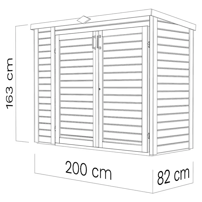 Bertilo Geräteschrank Multibox 3 - Natur - Darstellung eines Gartenhauses mit den Maßen 163 cm Höhe, 200 cm Breite und 82 cm Tiefe.