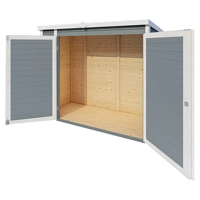 Bertilo Geräteschrank Multibox 3 - 82 x 200 x 163 cm, Hellgrau - Offener grauer Holzschuppen mit weißen Akzenten und Holzboden, der geräumigen Stauraum bietet.