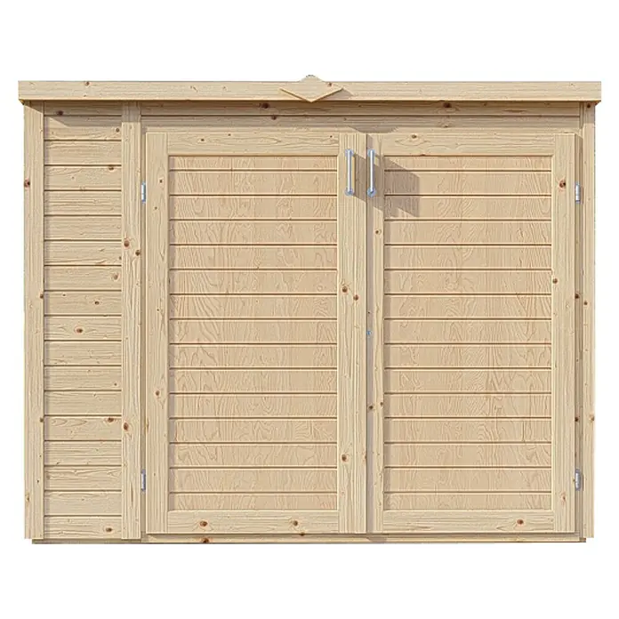 Bertilo Geräteschrank Multibox 3 - Natur - Nahaufnahme einer Holzhütte mit zwei Schiebetüren und einer Seitentür, die eine rustikale und praktische Aufbewahrungslösung bietet.