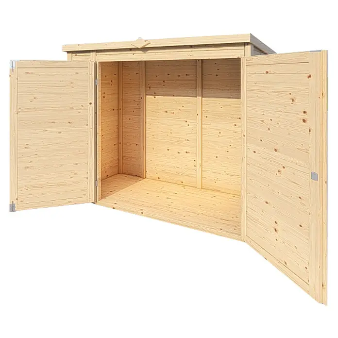Bertilo Geräteschrank Multibox 3 - Natur - Geöffnete Holzhütte mit doppelten Türen, die den Innenraum und die Holzkonstruktion zeigt. Ideal für Garten oder Lagerung.