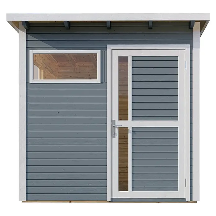 Bertilo Gerätehaus Pentus 2 - Außenmaß inkl. Dachüberstand (B x T): 247 x 265 cm, Holz, Hellgrau - Nahaufnahme einer Holzhütte mit einem Fenster und einer Tür mit weißen Rahmen. Die Hütte ist blau gestrichen.