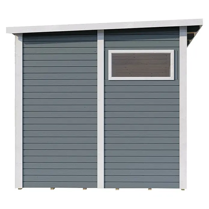 Bertilo Gerätehaus Pentus 2 Lounge - Außenmaß inkl. Dachüberstand (B x T): 470 x 265 cm, Holz, Hellgrau, Weiß - Graue Holzhütte mit weißem Rahmen und Fenster. Das schlichte Design und die Fenstergestaltung machen diese Hütte besonders attraktiv.