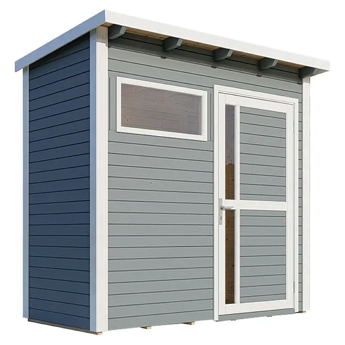 Bertilo Gerätehaus Pentus 1 - Außenmaß inkl. Dachüberstand (B x T): 246 x 143 cm, Holz, Hellgrau - Graues Gartenhaus mit weißem Rahmen und Fenster. Das Gerätehaus bietet Stauraum und Schutz für Gartengeräte und -möbel.