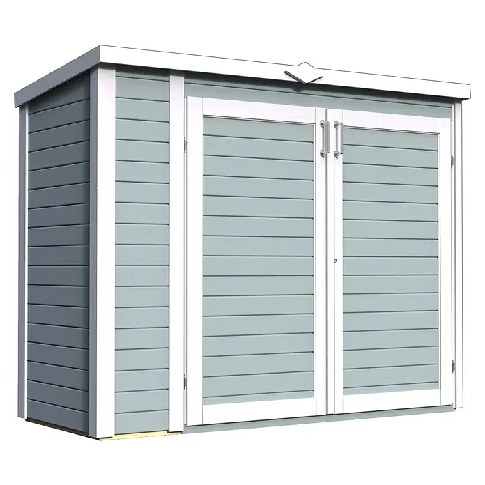 Bertilo Geräteschrank Multibox 3 - 82 x 200 x 163 cm, Hellgrau - Ein geräumiger, grau-blau gestrichener Geräteschuppen mit Doppeltüren und weißem Rahmen bietet viel Stauraum für den Garten.
