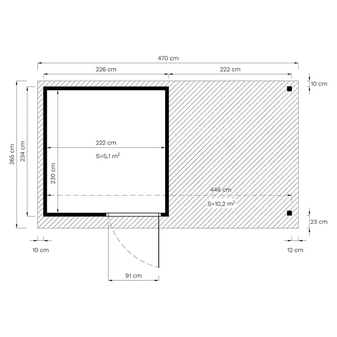 Bertilo Gartenhaus Pentus 2 - Außenmaß inkl. Dachüberstand (B x T): 265 x 470 cm, Holz - Detaillierter Grundriss mit Bemaßungen, der die Raumaufteilung und Größenangaben in Zentimetern übersichtlich darstellt.