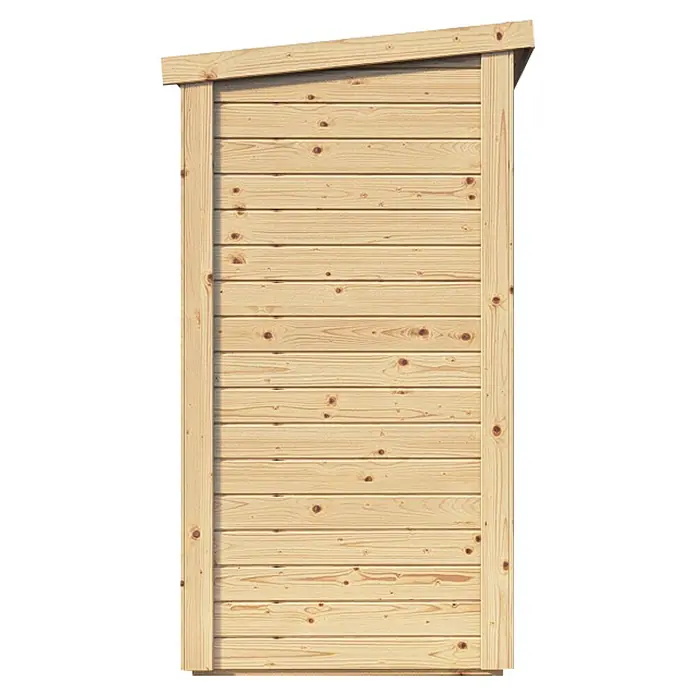 Bertilo Geräteschrank Multibox 3 - Natur - Detailansicht einer hölzernen Geräteschuppentür mit horizontalen Brettern und schrägem Dach, ideal für den Garten.