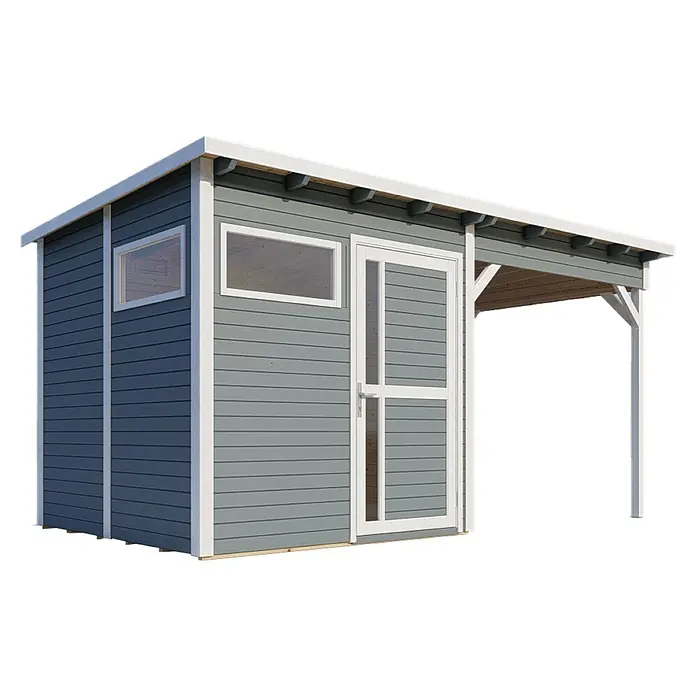 Bertilo Gerätehaus Pentus 2 Lounge - Außenmaß inkl. Dachüberstand (B x T): 470 x 265 cm, Holz, Hellgrau, Weiß - Ein graues Gartenhaus mit weißen Akzenten, inklusive Fenster, Tür und einem überdachten Bereich. Ideal für den Garten.