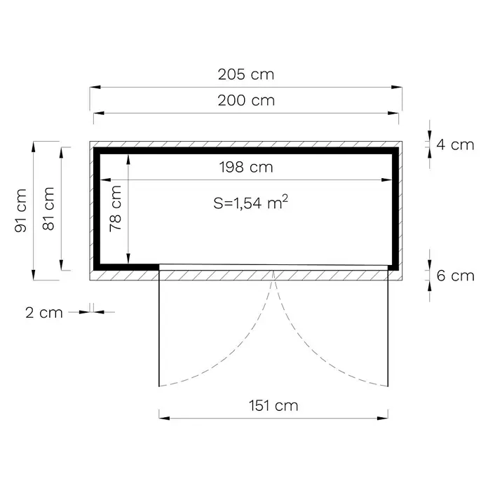 Bertilo Geräteschrank Multibox 3 - Natur - Grundrisszeichnung eines Raumes mit Maßangaben, inklusive Türöffnung und Wandstärken. Die Fläche des Raumes beträgt 1,54 m².