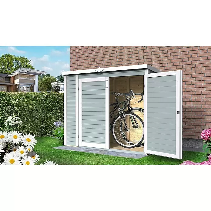 Bertilo Geräteschrank Multibox 3 - 82 x 200 x 163 cm, Hellgrau - Hellblauer Holz-Gartenschuppen mit weißem Rand, Türen offen, zeigt ein Fahrrad.
