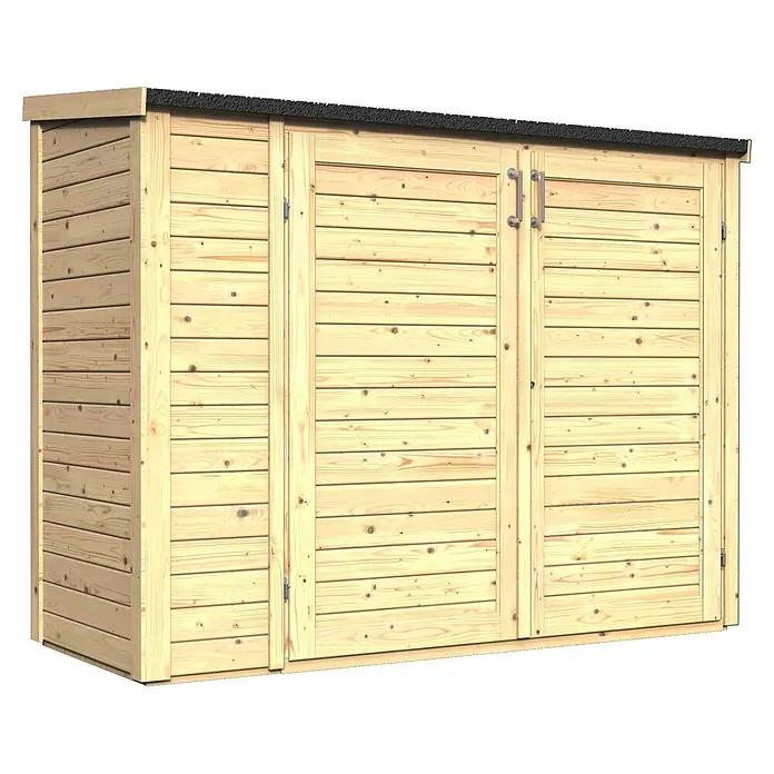 Bertilo Geräteschrank Multibox 3 - Natur - Das Bild zeigt ein geräumiges, hölzernes Gerätehaus mit Doppeltüren und einem dunklen Dach, ideal für die Gartenaufbewahrung.