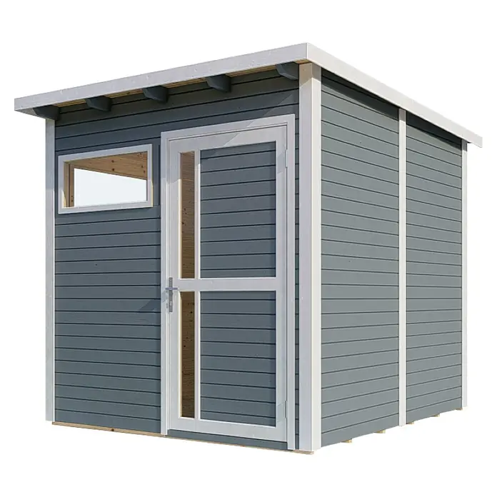 Bertilo Gerätehaus Pentus 2 - Außenmaß inkl. Dachüberstand (B x T): 247 x 265 cm, Holz, Hellgrau - Ansicht eines grauen Holzschuppens mit weißem Rahmen um Fenster und Tür und weißer Dachlinie.