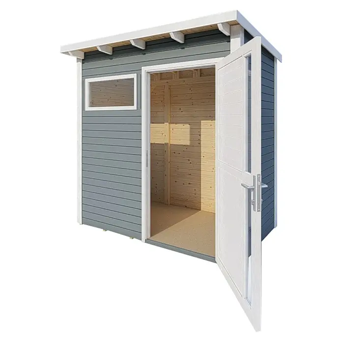 Bertilo Gerätehaus Pentus 1 - Außenmaß inkl. Dachüberstand (B x T): 246 x 143 cm, Holz, Hellgrau - Einladender Blick in einen modernen Gartenhaus mit offenen Türen, hellen Holzinnenwänden und einem Fenster für natürliches Licht.