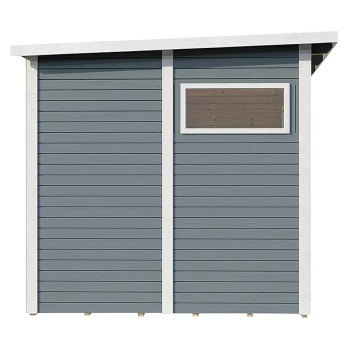 Bertilo Gerätehaus Pentus 2 - Außenmaß inkl. Dachüberstand (B x T): 247 x 265 cm, Holz, Hellgrau - Detailansicht eines grauen Gartenhauses mit weißem Rahmen und einem kleinen Fenster, das ein schlichtes, modernes Design hervorhebt.