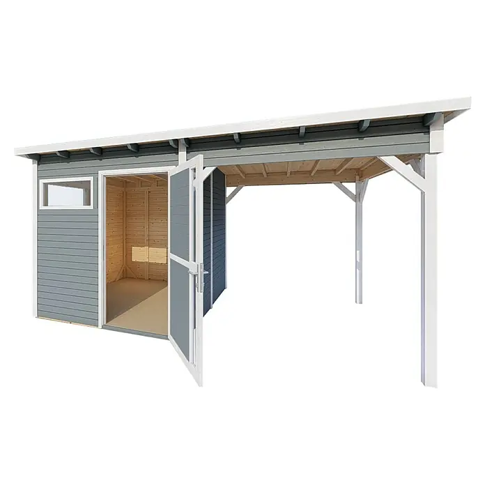 Bertilo Gerätehaus Pentus 2 Lounge - Außenmaß inkl. Dachüberstand (B x T): 470 x 265 cm, Holz, Hellgrau, Weiß - Abbildung eines Gartenhauses mit Carport, das in Grau und Weiß gehalten ist und einladende, geöffnete Türen hat.
