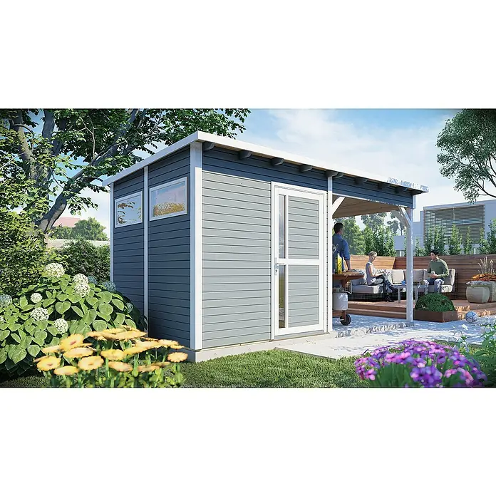 Bertilo Gerätehaus Pentus 2 Lounge - Außenmaß inkl. Dachüberstand (B x T): 470 x 265 cm, Holz, Hellgrau, Weiß - Modernes Gartenhaus mit grauer Holzverkleidung, weißen Rahmen und Anbau für entspannte Stunden im Freien. Ideal für Gartenliebhaber.