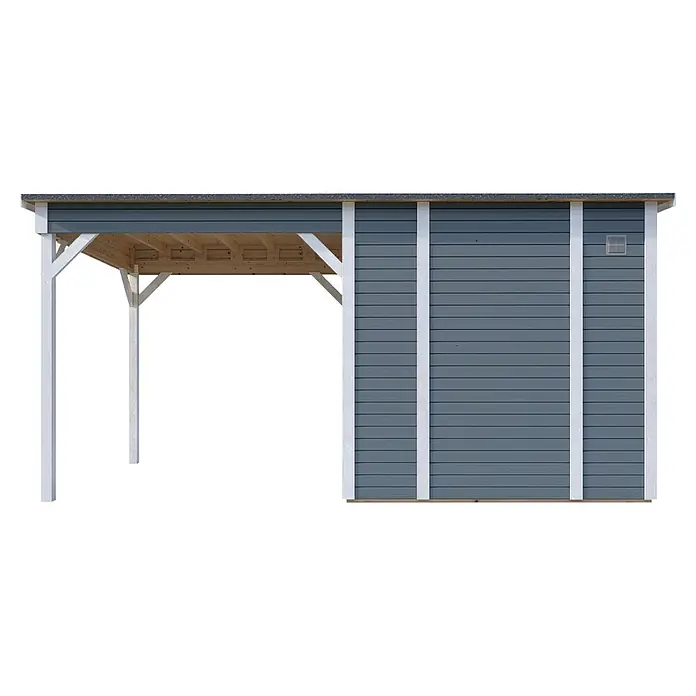 Bertilo Gerätehaus Pentus 2 Lounge - Außenmaß inkl. Dachüberstand (B x T): 470 x 265 cm, Holz, Hellgrau, Weiß - Nahaufnahme eines Carports mit Holzrahmen und einer grauen Holzwand, die eine moderne und funktionelle Struktur zeigt.