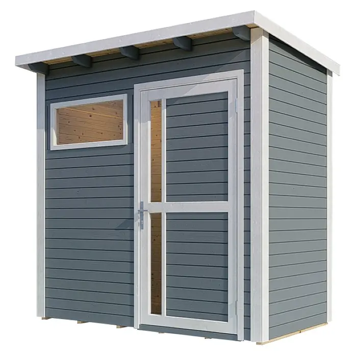 Bertilo Gerätehaus Pentus 1 - Außenmaß inkl. Dachüberstand (B x T): 246 x 143 cm, Holz, Hellgrau - Ein graues Gartenhaus mit weißer Tür und Fenster bietet Stauraum im Freien. Perfekt für Gartengeräte.