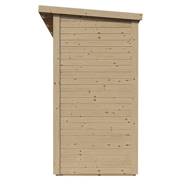 Bertilo Gerätehaus Pentus 1 - Außenmaß inkl. Dachüberstand (B x T): 246 x 143 cm, Holz, Natur - Abbildung einer Holzwand mit geneigtem Dach, ideal für Gartenhäuser oder Schuppen. Die natürliche Holzstruktur verleiht einen rustikalen Charme.