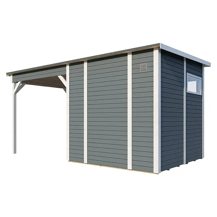 Bertilo Gerätehaus Pentus 2 Lounge - Außenmaß inkl. Dachüberstand (B x T): 470 x 265 cm, Holz, Hellgrau, Weiß - Dieses Bild zeigt ein graues Gartenhaus mit weißer Verkleidung und einem kleinen Fenster, das einen modernen und praktischen Stauraum im Freien bietet.