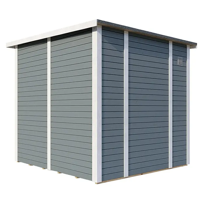 Bertilo Gerätehaus Pentus 2 - Außenmaß inkl. Dachüberstand (B x T): 247 x 265 cm, Holz, Hellgrau - Nahaufnahme eines grauen Gartenhauses mit weißen Akzenten, das modernes Design und praktische Bauweise vereint.