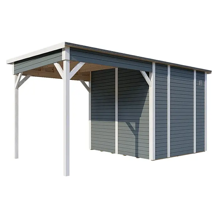 Bertilo Gerätehaus Pentus 2 Lounge - Außenmaß inkl. Dachüberstand (B x T): 470 x 265 cm, Holz, Hellgrau, Weiß - Ein schützender Unterstand mit grauem Holz und weißen Akzenten, ideal für den Garten oder die Terrasse. Das Design ist modern und funktional.