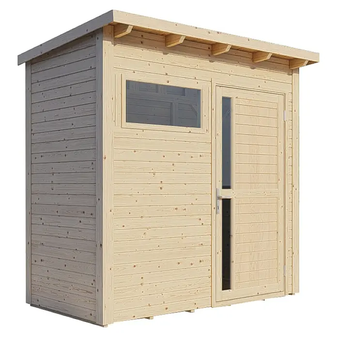 Bertilo Gerätehaus Pentus 1 - Außenmaß inkl. Dachüberstand (B x T): 246 x 143 cm, Holz, Natur - Abbildung eines Holzschuppens mit Fenster und Tür, ideal für die Gartenaufbewahrung.