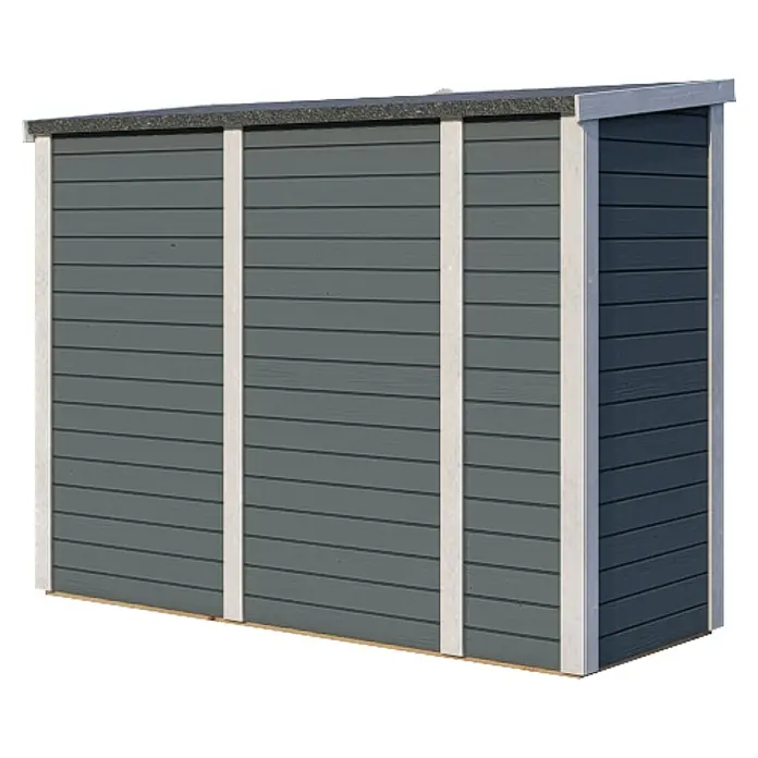 Bertilo Geräteschrank Multibox 3 - 82 x 200 x 163 cm, Hellgrau - Ein graues Gartenhaus mit weißen Akzenten. Ideal für die Aufbewahrung von Gartengeräten und Zubehör.
