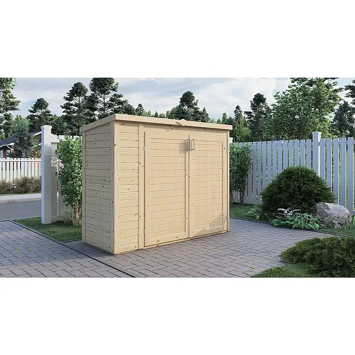 Bertilo Geräteschrank Multibox 3 - Natur - Eine hölzerne Gartengerätebox im Außenbereich mit zwei Türen zum Verstauen von Gartengeräten und Zubehör.