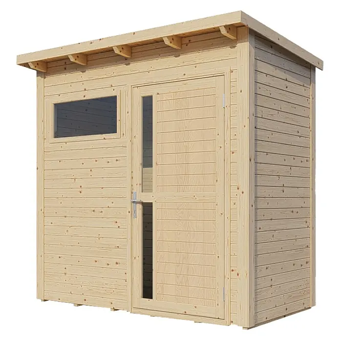 Bertilo Gerätehaus Pentus 1 - Außenmaß inkl. Dachüberstand (B x T): 246 x 143 cm, Holz, Natur - Abbildung eines hellen Holzgartenschuppens mit Fenster und Tür. Ideale Lagerlösung für den Außenbereich.