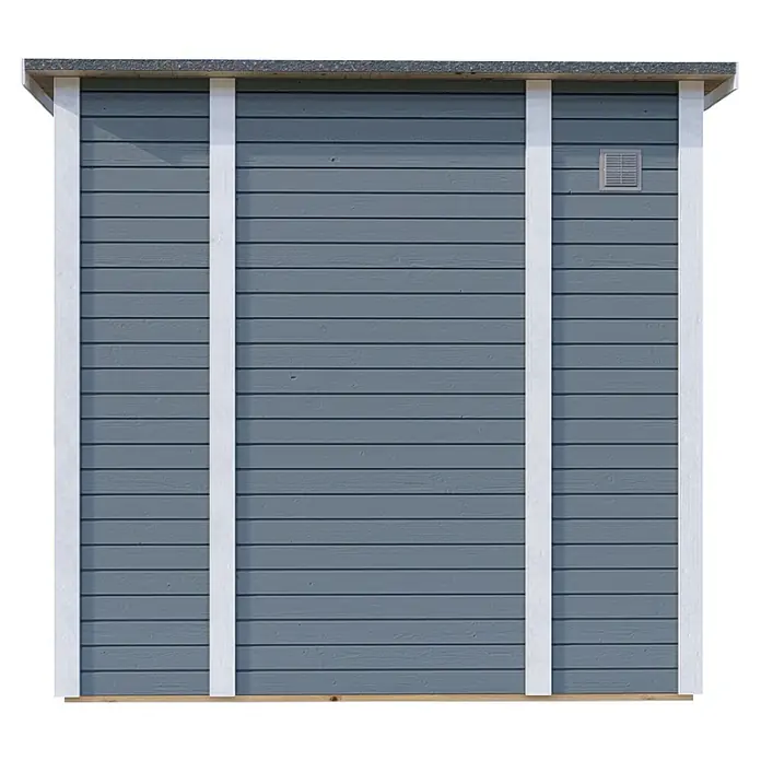 Bertilo Gerätehaus Pentus 2 - Außenmaß inkl. Dachüberstand (B x T): 247 x 265 cm, Holz, Hellgrau - Ansicht eines Gerätehauses mit horizontaler Holzverkleidung in Blaugrau und weißen Zierelementen, das ein funktionales und ästhetisches Design aufweist.