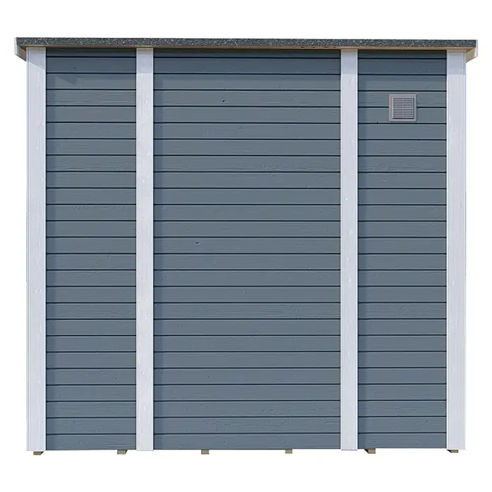 Bertilo Gerätehaus Pentus 1 - Außenmaß inkl. Dachüberstand (B x T): 246 x 143 cm, Holz, Hellgrau - Eine Nahaufnahme einer Gartenhauswand mit grauem Holz, weißer Zierleiste und einem kleinen Lüftungsgitter.