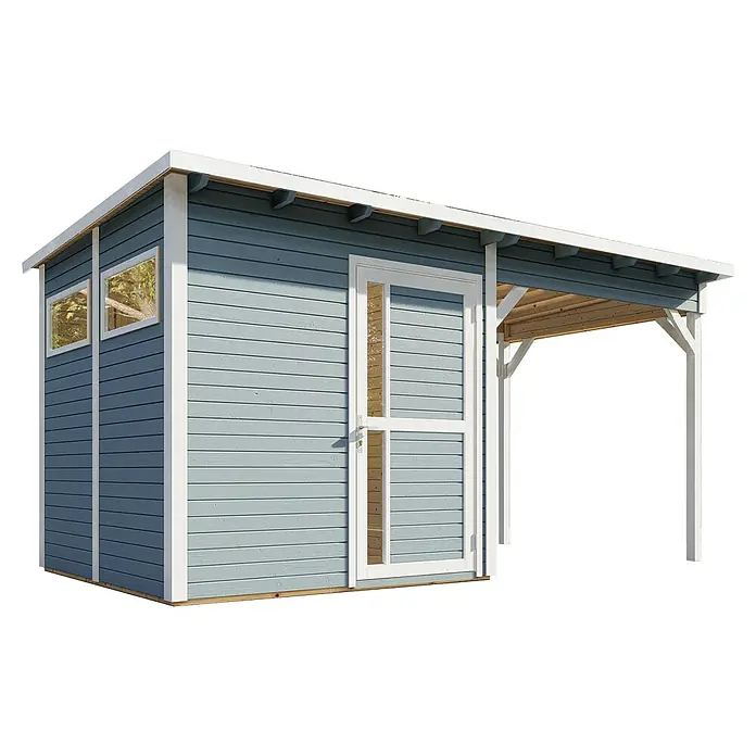 Bertilo Gerätehaus Pentus 2 Lounge - Außenmaß inkl. Dachüberstand (B x T): 470 x 265 cm, Holz, Hellgrau, Weiß - Das Gartenhaus in hellem Blau mit weißer Umrandung und überdachtem Bereich bietet einen schönen Platz im Garten.