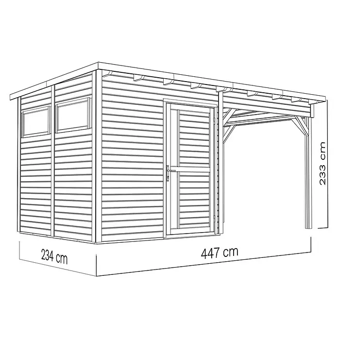 Bertilo Gartenhaus Pentus 2 - Außenmaß inkl. Dachüberstand (B x T): 265 x 470 cm, Holz - Abbildung eines Gartenhauses mit einer Seitenmarkise, das für zusätzlichen Stauraum im Freien oder als Unterstand dient.