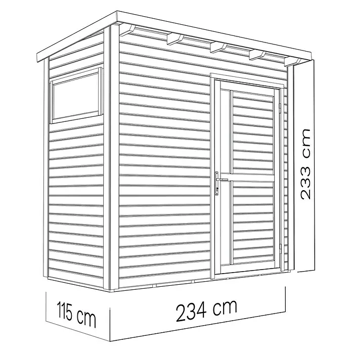 Bertilo Gerätehaus Pentus 1 - Außenmaß inkl. Dachüberstand (B x T): 246 x 143 cm, Holz, Natur - Abbildung eines Gartenhauses mit den Maßen 234 cm Breite, 115 cm Tiefe und 233 cm Höhe, ideal für die Gartenaufbewahrung.