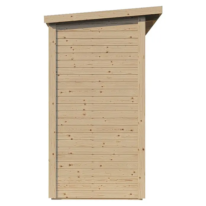 Bertilo Gerätehaus Pentus 1 - Außenmaß inkl. Dachüberstand (B x T): 246 x 143 cm, Holz, Natur - Seitenansicht eines hellen, unbehandelten Holzschuppens mit schrägem Dach und vertikalen Rahmen für eine natürliche Optik.