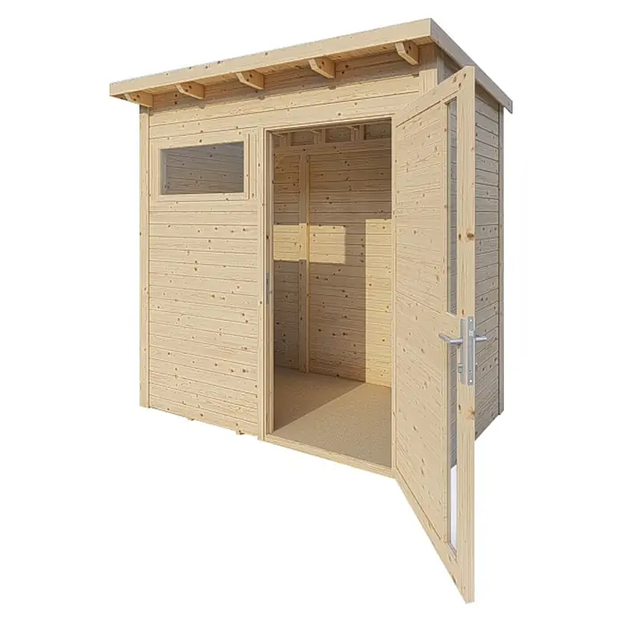 Bertilo Gerätehaus Pentus 1 - Außenmaß inkl. Dachüberstand (B x T): 246 x 143 cm, Holz, Natur - Bild eines hellholzfarbenen Gartenhauses mit geöffneten Türen und einem Fenster.