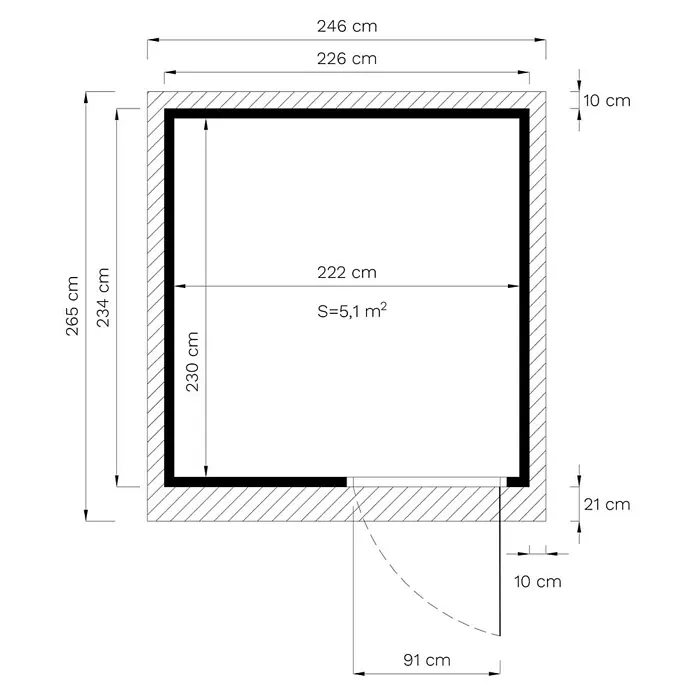 Bertilo Gartenhaus Pentus 2 - Außenmaß inkl. Dachüberstand (B x T): 265 x 246 cm, Holz - Grundrisszeichnung eines Raumes mit Wandmaßen und Türposition, inklusive Flächenangabe.
