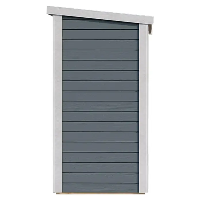Bertilo Geräteschrank Multibox 3 - 82 x 200 x 163 cm, Hellgrau - Seitenansicht eines modernen Gartenhauses mit grauem Holz und weißer Umrandung, die das schräge Dach betont.
