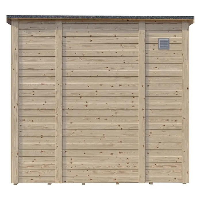 Bertilo Gerätehaus Pentus 1 - Außenmaß inkl. Dachüberstand (B x T): 246 x 143 cm, Holz, Natur - Nahaufnahme der Fassade einer Holzhütte mit horizontalen Brettern und einem kleinen Lüftungsgitter.