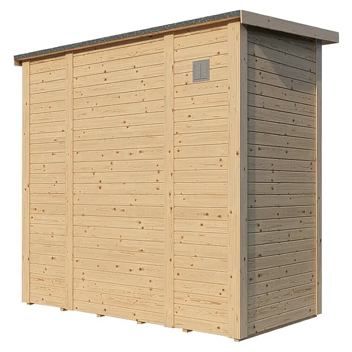 Bertilo Gerätehaus Pentus 1 - Außenmaß inkl. Dachüberstand (B x T): 246 x 143 cm, Holz, Natur - Ansicht eines Holzschuppens mit horizontalen Holzbrettern und einem kleinen Lüftungsgitter an der Seite.