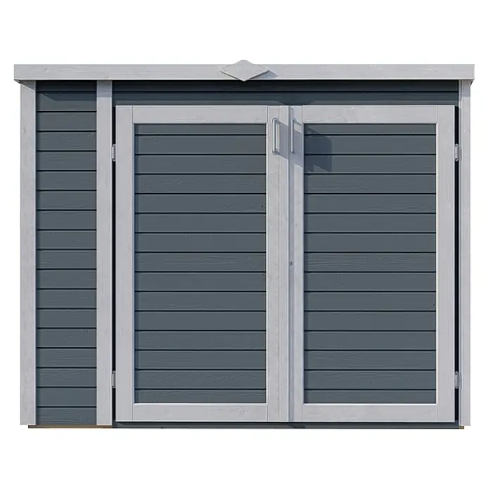 Bertilo Geräteschrank Multibox 3 - 82 x 200 x 163 cm, Hellgrau - Bild einer blaugrauen Gartentür mit weißen Akzenten, die einladend und stabil wirkt. Ideal für jeden Garten.