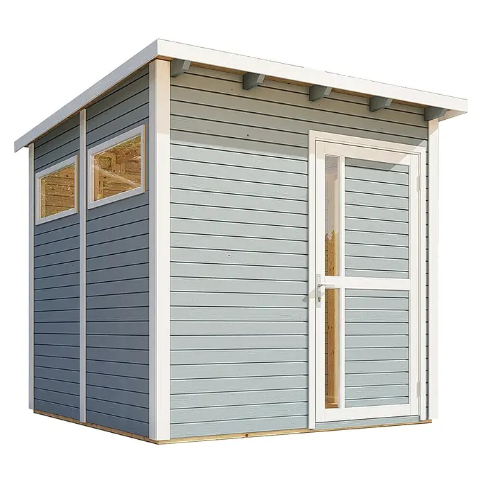 Bertilo Gerätehaus Pentus 2 - Außenmaß inkl. Dachüberstand (B x T): 247 x 265 cm, Holz, Hellgrau - Ein hellblaues Gartenhaus mit weißen Fensterrahmen, einer Tür und einem hellen Dach. Das Holzhaus steht auf einem dunklen Untergrund.
