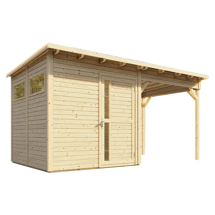 Bertilo Gerätehaus Pentus 2 Lounge - Außenmaß inkl. Dachüberstand (B x T): 470 x 265 cm, Holz, Natur - Abbildung eines Holzgartenschuppens mit Überdachung. Der Schuppen ist aus hellem Holz gefertigt und hat Fenster und eine Tür.