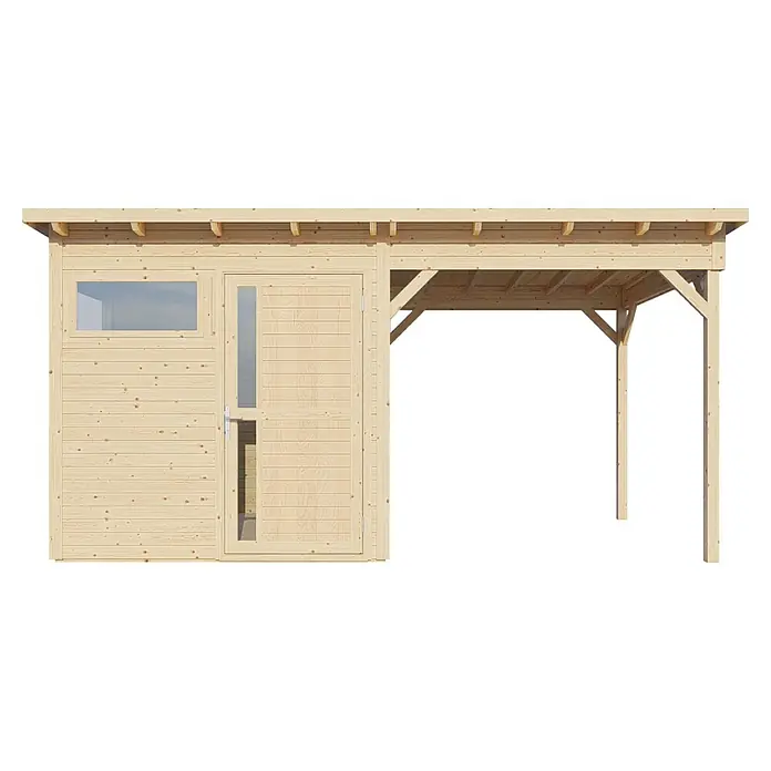 Bertilo Gerätehaus Pentus 2 Lounge - Außenmaß inkl. Dachüberstand (B x T): 470 x 265 cm, Holz, Natur - Ein helles Holzgartenhaus mit Fenster, Tür und angrenzendem überdachtem Bereich, ideal für den Garten oder als Unterstand.