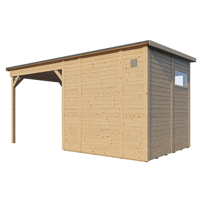 Bertilo Gerätehaus Pentus 2 Lounge - Außenmaß inkl. Dachüberstand (B x T): 470 x 265 cm, Holz, Natur - Abbildung eines Holzgartenhauses mit einem angebauten Carport, ideal für die Aufbewahrung oder als wettergeschützter Unterstand.