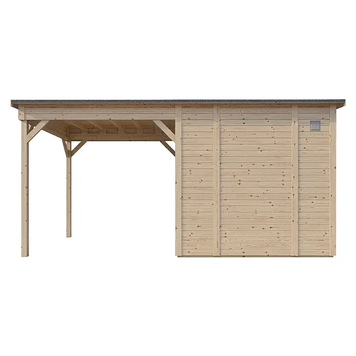 Bertilo Gerätehaus Pentus 2 Lounge - Außenmaß inkl. Dachüberstand (B x T): 470 x 265 cm, Holz, Natur - Abbildung eines Holzcarports mit angrenzendem Abstellraum. Der Carport und der Abstellraum sind aus hellem Holz gefertigt.