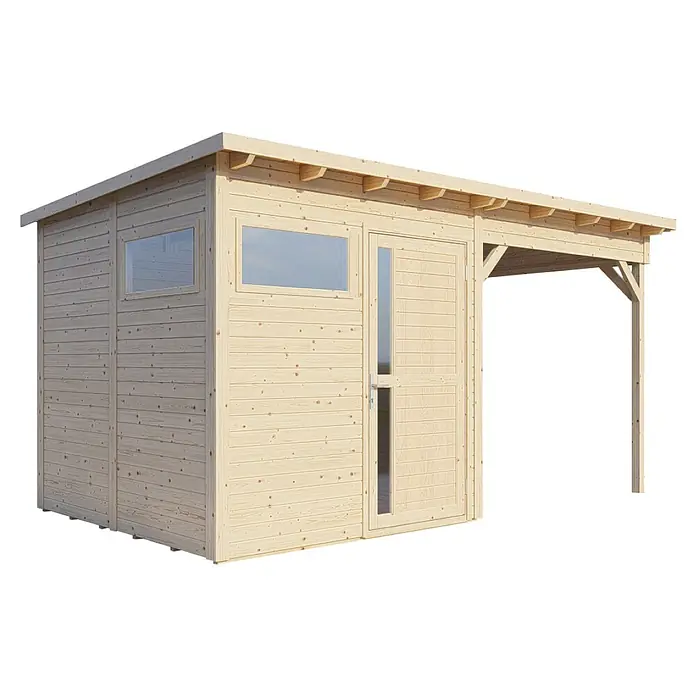 Bertilo Gerätehaus Pentus 2 Lounge - Außenmaß inkl. Dachüberstand (B x T): 470 x 265 cm, Holz, Natur - Außenaufnahme eines hellen Holzschuppens mit Fenster, Tür und Vordach. Ideal für die Gartenaufbewahrung und als zusätzlicher Stauraum.