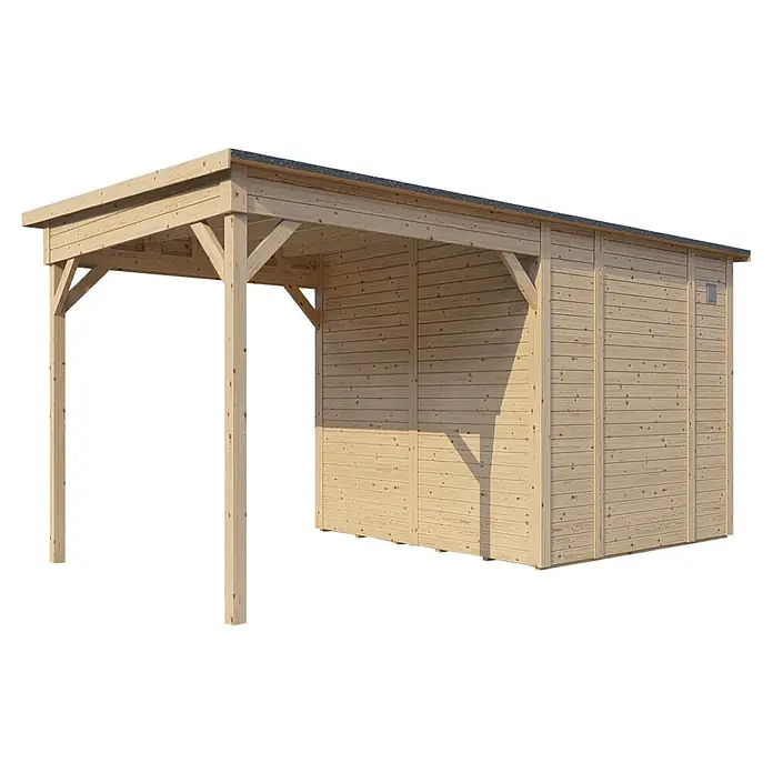 Bertilo Gerätehaus Pentus 2 Lounge - Außenmaß inkl. Dachüberstand (B x T): 470 x 265 cm, Holz, Natur - Ein detailreiches Bild eines Holzschuppens mit einem offenen Unterstandsbereich, der die natürliche Holzstruktur hervorhebt.