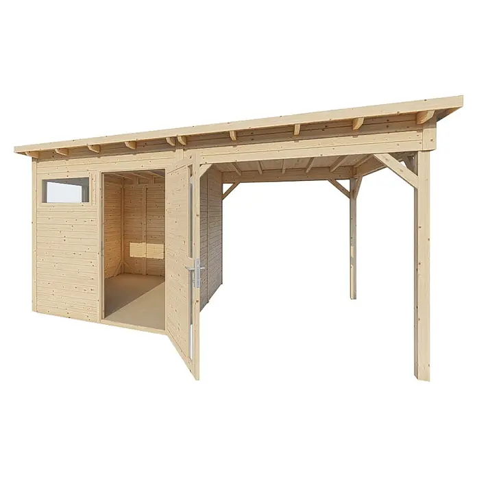 Bertilo Gerätehaus Pentus 2 Lounge - Außenmaß inkl. Dachüberstand (B x T): 470 x 265 cm, Holz, Natur - Abbildung eines Holzschuppens mit offenem Eingang und Carport, ideal für den Garten oder als Stauraum.