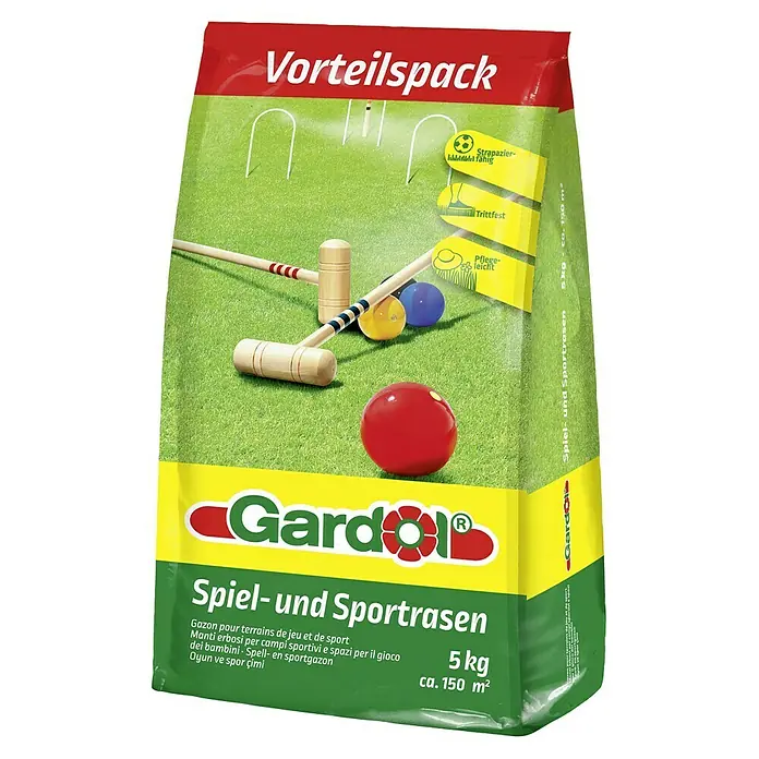 Gardol Rasensamen Spiel- & Sportrasen - 5 kg, 150 m² - Produktbild eines "Gardol Spiel- und Sportrasen"-Samenpakets mit einer Illustration von Krocketspiel auf der Verpackung.